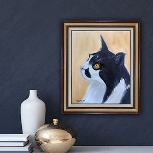 Black & white cat portrait Original Oil Painting Signed custom animal painting